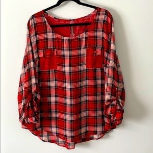 Size 3XL juniors, red plaid sheer tunic blouse